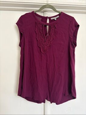 Daniel Rainn Plum Crochet-Neck Cap Sleeve Blouse